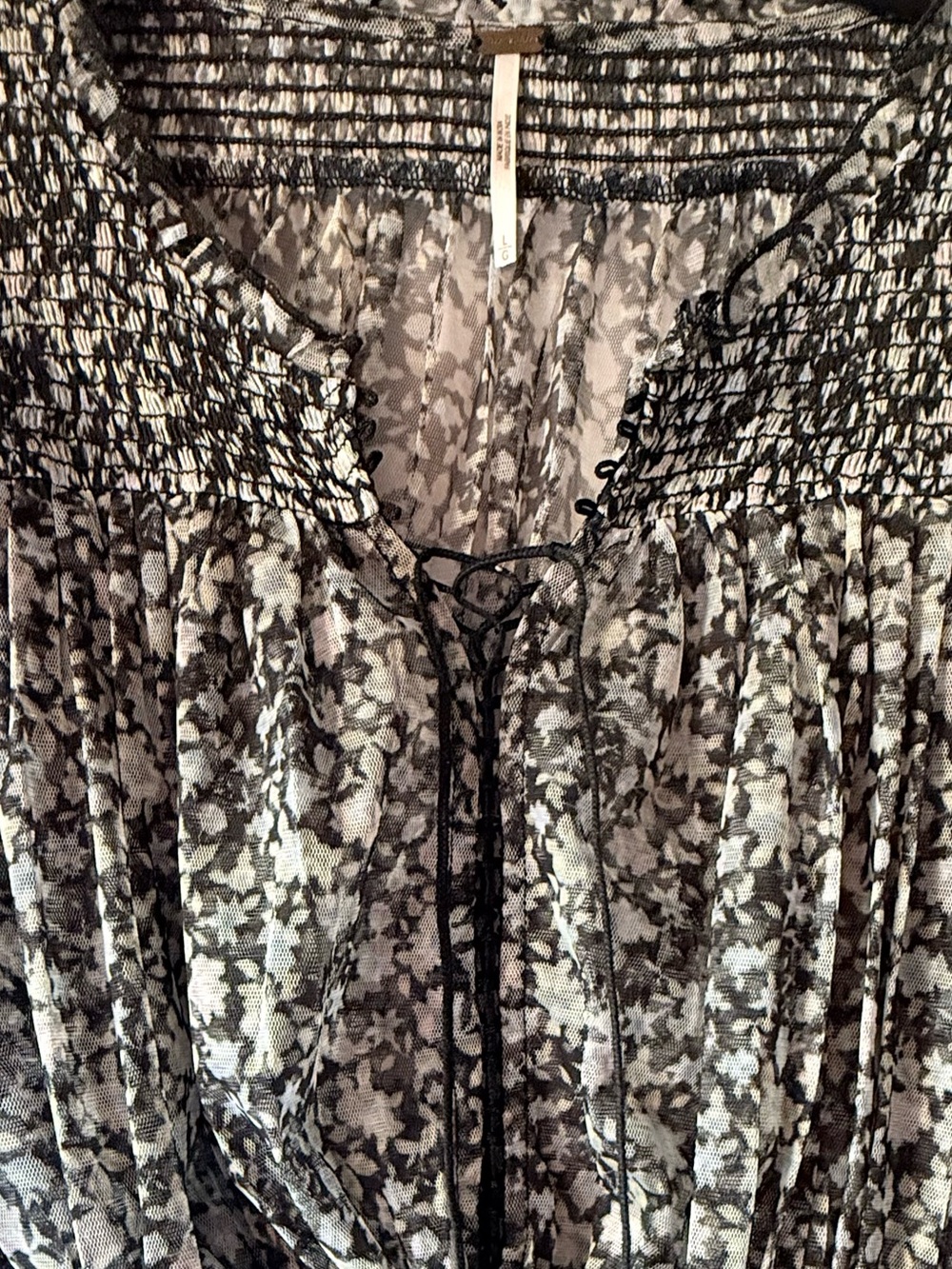Free People Smocked Waist Floral Puff Sleeve Blouse - Black/Cream